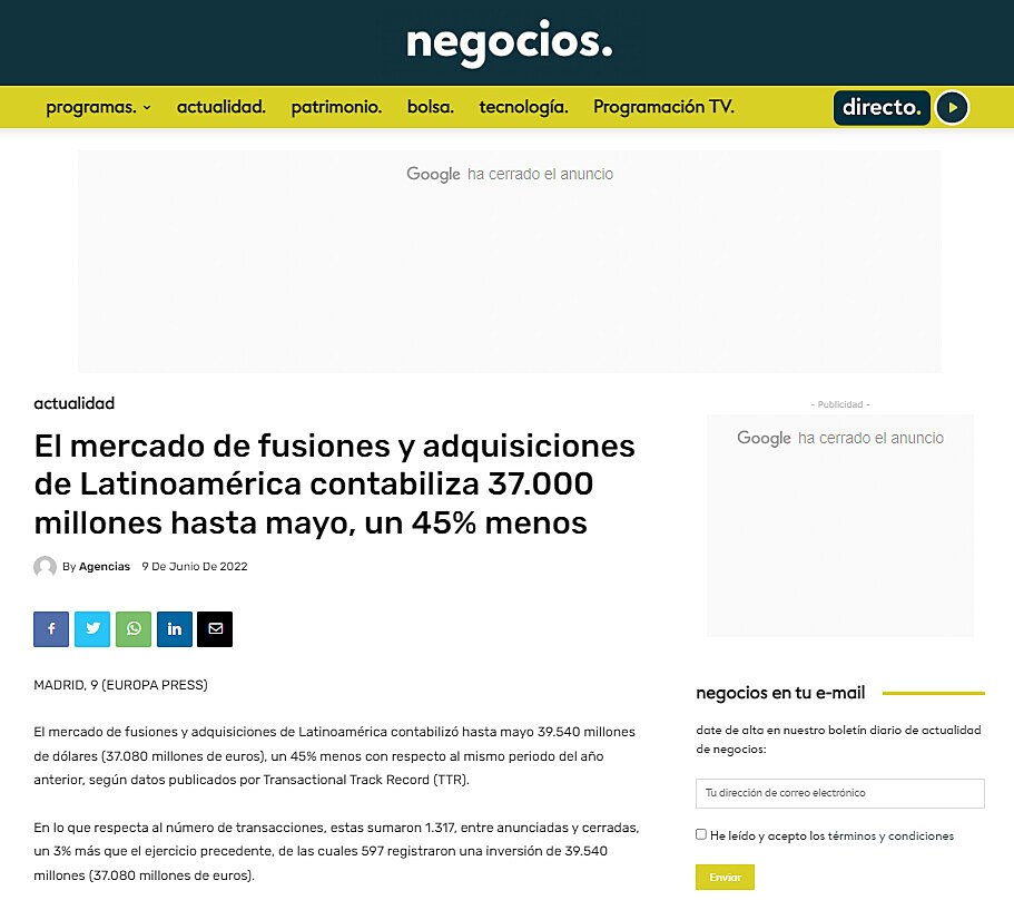 El mercado de fusiones y adquisiciones de Latinoamrica contabiliza 37.000 millones hasta mayo, un 45% menos